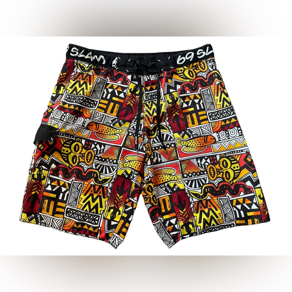 69 Slam Men’s Tropical Hawaiian Tribal Coastal Island Beach Swim Board Shorts